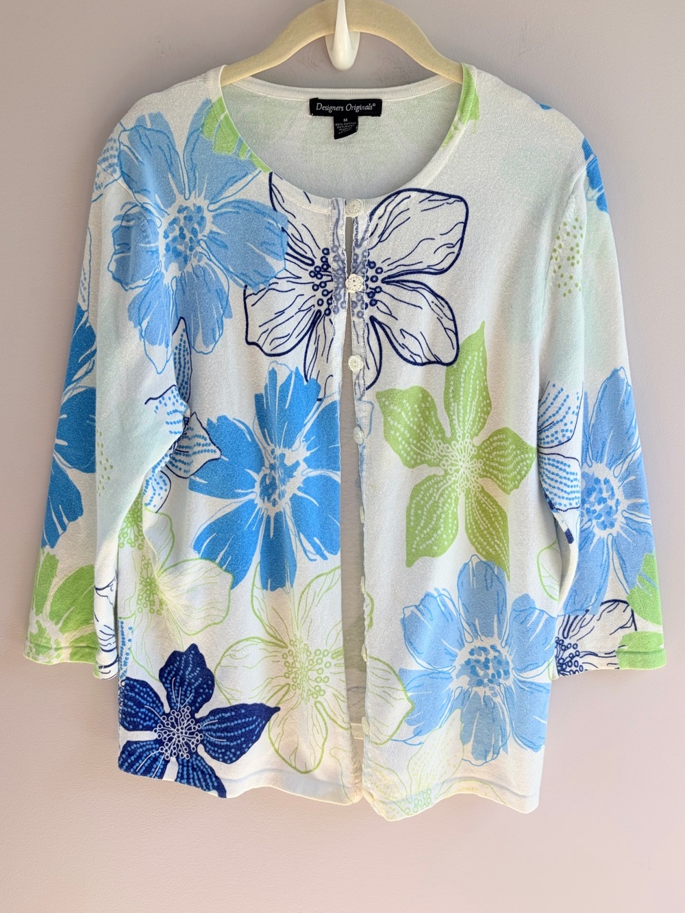 Designers Originals Lightweight Floral Cardigan Aqua Lime White 3/4 Sleeve EUC M